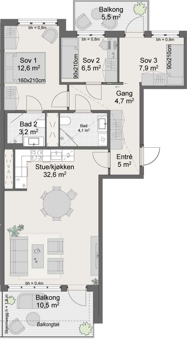 Stiplet balkongtak gjelder for leilighet 50.